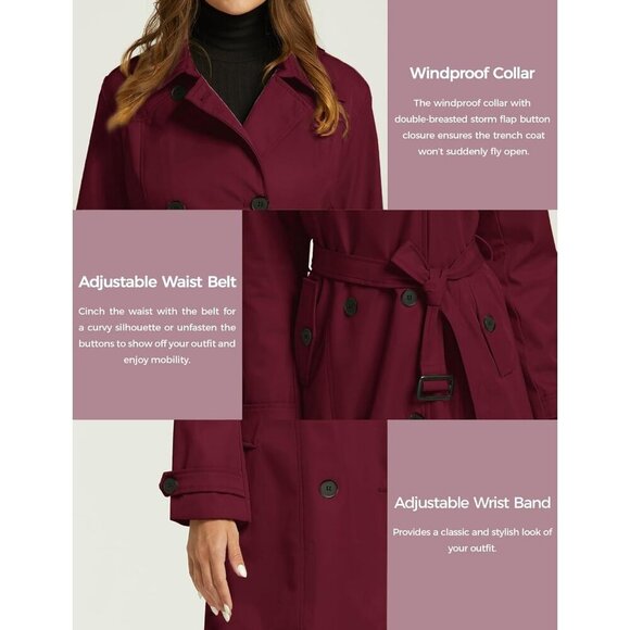Women's Wine Red Waterproof Trench Coat with Classic Lapel and Belted Design - Picture 5 of 7